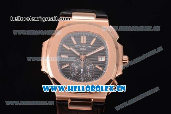 Patek Philippe Nautilus Clone PP 315 Automatic Rose Gold Case with Black Dial Arabic Numeral Markers and Black Leather Strap (BP) - Click Image to Close